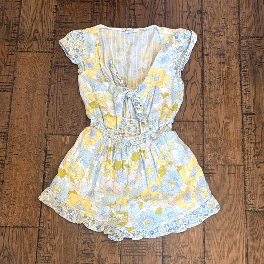 American Eagle Outfitters Yellow & Light Blue Floral Tie-Front Romper